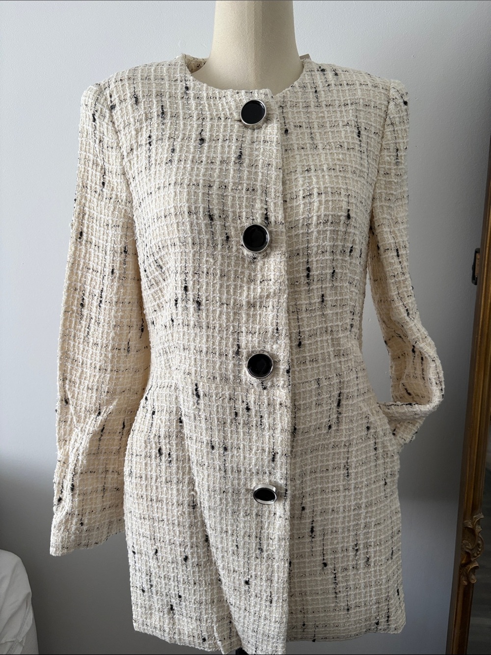 Zara medium Cream Tweed Mini Dress with Black Button Accents & pockets NWT